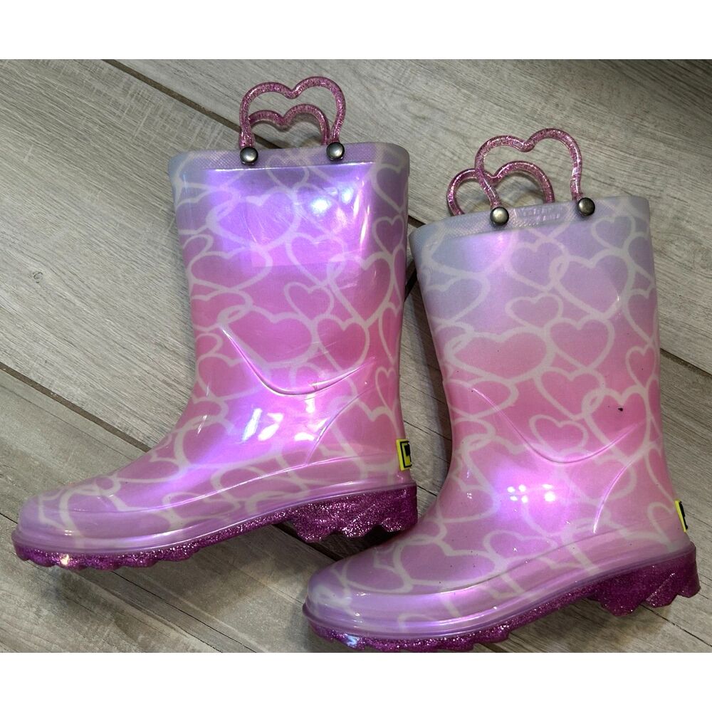 Western Chief Girls' Abby Pearlized Glitter Hearts Rain Boots Size 12 Light up